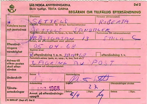 Schweden 1968, MeF 4er-Block 1 Kr. auf Postformular Temporärer Nachsendeantrag 