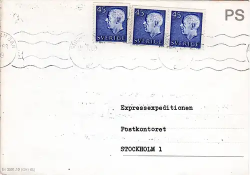 Schweden 1968, MeF 3x45 öre auf Postformular betr. fehlendes Express Porto. 