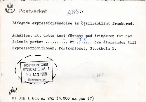 Schweden 1968, MeF 3x45 öre auf Postformular betr. fehlendes Express Porto. 