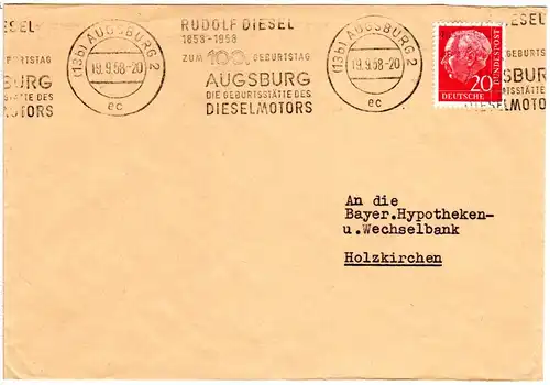 BRD 1958, Augsburg Rudolf Diesel Werbestempel auf Brief m. 20 Pf.