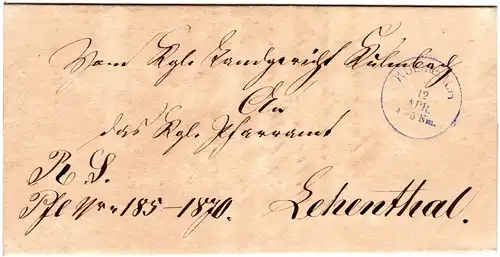 Bayern 1872, blauer K1 KULMBACH auf Brief n. Lehenthal.