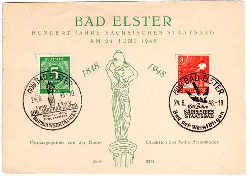 1948, Sonderkarte 100 Jahre Sächsisches Staatsbad Elster m. entpr. Sonderstpl.