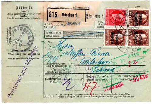 Bayern 1920, 10+3x50 Pf. auf Postscheckamt Paketkarte v. München i.d. Schweiz