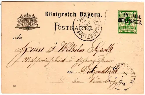 Bayern 1891, L2-Aushilfstempel BEILNGRIES klar auf 5 Pf. Ganzsache 