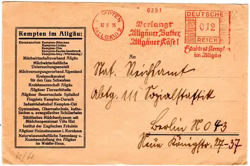 DR 1936, Brief m. Werbe Freistpl. v. Kempten Verlangt Allgäuer Butter, Käse 