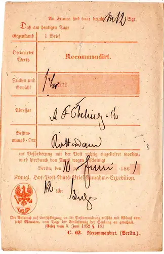 Preussen 1861, Postschein v. Berlin f. einen Reko-Brief n. Rotterdam, NL.