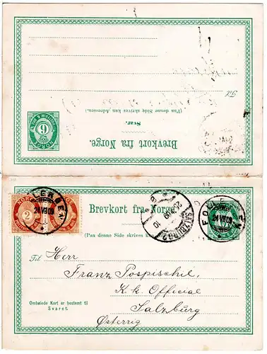 Norwegen P17, 6 öre Doppelkarte m. Zusatzfr. v. Folleröen n. Österreich. Kat 660