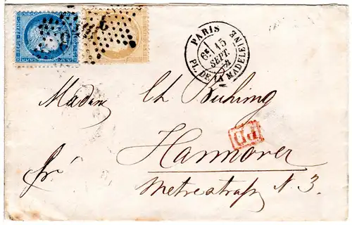 Frankreich 1872, 15+25 C. auf schönem Brief v. Paris n. Hannover
