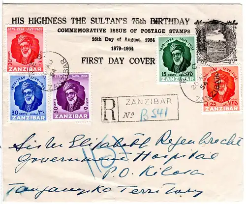 Zanzibar 1954, 5 Marken Sultan's Birthday auf Reko-FDC n. Tanganiyka