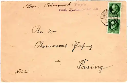 Bayern 1919, K2 FÜRSTENFELDBRUCK auf Brief d. Armenrats Puch m. 2x 7 1/2 Pf.