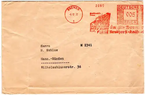 DR 1932, Bremen 5 Pf. AFS Der gute Bremer Streithorst Kaffee m. Firmenabbildung.