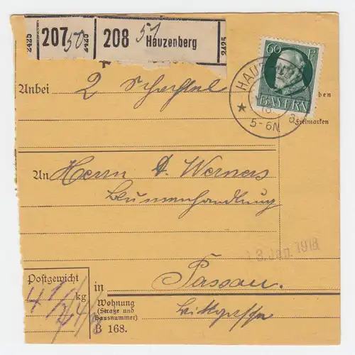 Bayern 1918, K2 Hauzenberg auf Paketkarte m. EF 60 Pf. nach Passau. #2236