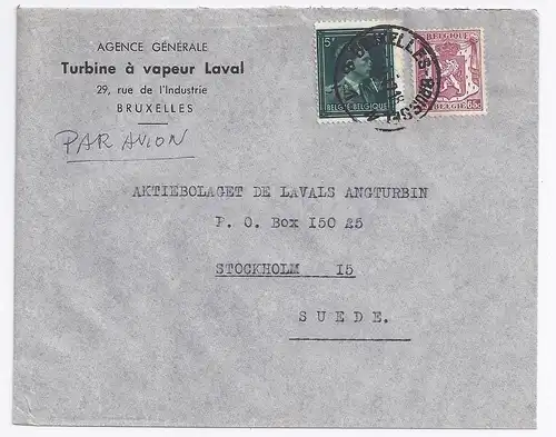 Belgien 1947, 5 F. -10% (Überdr.rot) van Aker auf Luftpost Brief n Schweden.#935