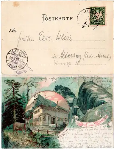 Bayern 1898, Postablage-K1 JLSANK auf früher Litho-AK m. 5 Pf.