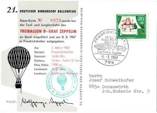 BRD 1967, 21. Dt. Kinderdorf Ballonflug, Ballon Graf Zeppelin ab Friedrichshafen