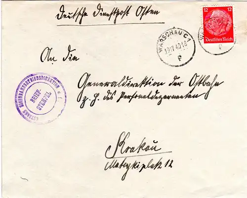 Generalgouvernement 1940, 12 Pf auf Brief d. Eisenbahnbetriebsdirektion Warschau