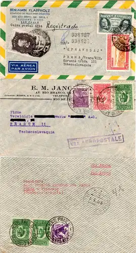 Brasilien, 3 Luftpost Briefe i.d. Tschechoslowakei, 1mal per Einschreiben.