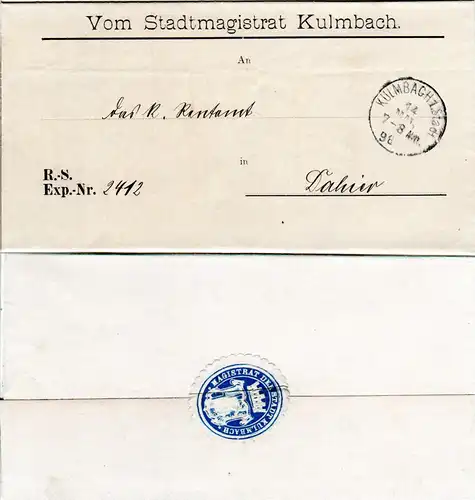 Bayern 1898, K1 Kulmbach 1 Stadt auf Magistrats Brief  m. rs. Siegeletikett