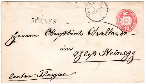 Schweiz 1868, L1 SCANFS u. K1 Samaden auf 10 C. Tübli Ganzsache Brief