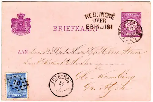 NL 1882, 5 C. Zusatzfr. auf 2 1/2 C. Ganzsache v. Bergen Op Zoom n. NL-Indien