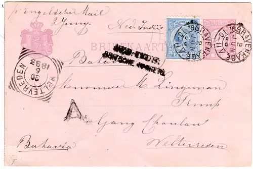 NL 1893, 5 C. Zusatzfr. auf 2 1/2 C. Ganzsache v. s´Gravenhage n. NL-Indien