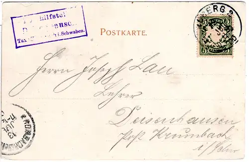 Bayern 1900, Posthilfstelle DEISENHAUSEN Taxe Krumbach auf Karte m. 5 Pf.