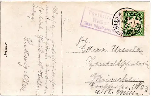 Bayern 1910, Posthilfstelle WELLENBURG Taxe Göggingen auf Karte m. 5 Pf.