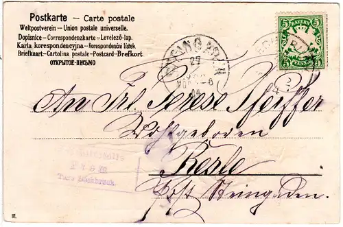 Bayern 1904, Posthilfstelle PREM Taxe Lechbruck auf AK m. 5 Pf.