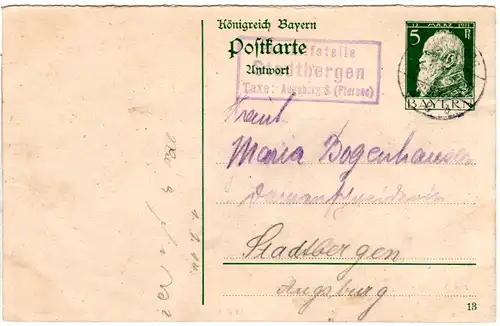 Bayern, Posthilfstelle STADTBERGEN Taxe Augsburg 8 (Pfersee) auf 5 Pf. Ganzsache
