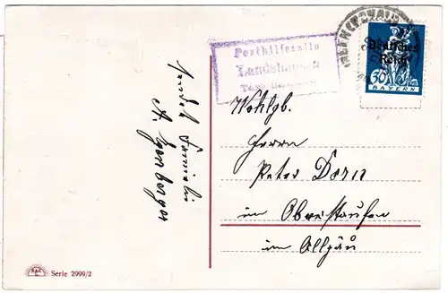 DR 1920, Bayern Posthilfstelle LANDSHAUSEN Taxe Bachhagel auf Karte m. 30 Pf. 