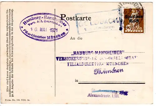 DR 1921, Bayern Posthilfstelle GOLDBACH Taxe Wellenhausen auf Karte m. 40 Pf. 