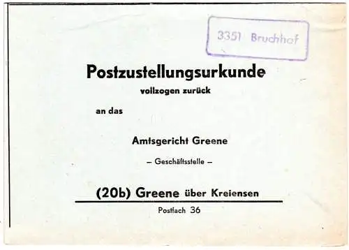 BRD 1962, Landpost Stpl. 3351 BRUCHHOF auf Postzustellungsurkunde n. Greene