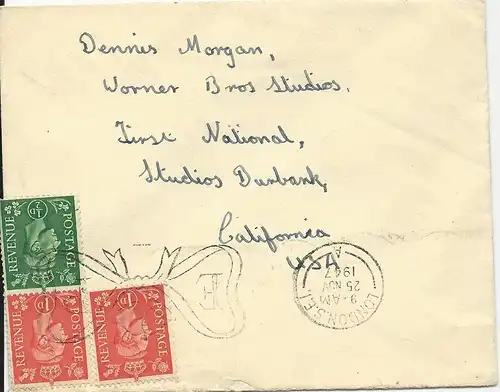 GB 1947, Briefumschlag, adressiert an Schauspieler Dennis Morgan. #3068