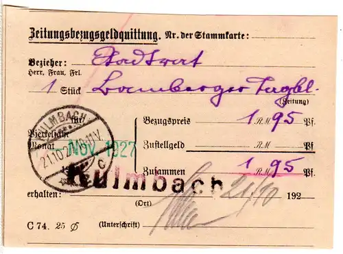DR 1927, Postformular Zeitungsbezugsgeldquittung m. 2 Stempeln v. KULMBACH