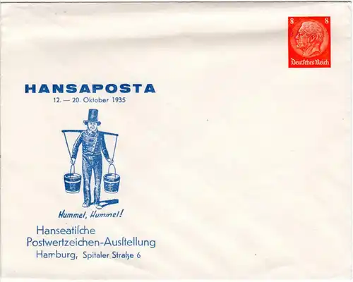 DR 1935, ungebr. 8 Pf Privat Ganzsache Hansaposta Briefmarkenausstellung Hamburg