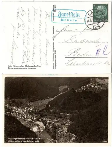 DR 1939, Landpost Stpl. ZAVELSTEIN über Calw auf sw-AK m. 6 Pf.