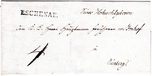 Bayern 1825, L1 ESCHENAU auf Porto Brief v. Beerbach n. Nürnberg