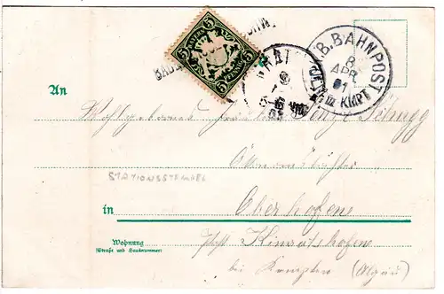 Bayern 1901, Aushilfstpl. L1 BABENHAUSEN i. SCHW. auf Bahnpost Karte m. 5 Pf.