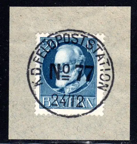 Bayern 97, 20 Pf. auf Briefstück m. K1 K.D. FELDPOSTSTATION No.77 (Valenciennes)