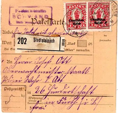 DR 1920, Posthilfstelle SCHWAND Taxe Stadtsteinach auf Paketkte. m. MeF 2x1 Mk.