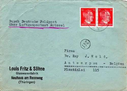 DR 1944, 2x12 Pf. auf Auslands Brief v. Neuhaus/Rennweg n. Belgien. Europaporto!