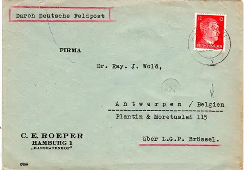 DR 1943, 12 Pf. auf Auslands Brief v. Hamburg n. Belgien. Europaporto!
