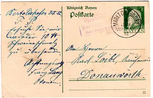 Bayern 1912, Posthilfstelle BERTOLDSHOFEN Taxe MARKT OBERDORF auf 5 Pf Ganzsache