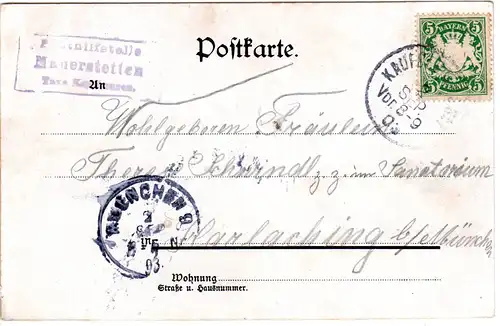 Bayern 1903, Posthilfstelle MAUERSTETTEN Taxe Kaufbeuren auf Karte m. 5 Pf.