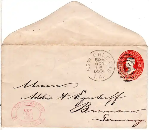 USA 1883, gebr. 2 C. Ganzsache Brief m. Duplex-Stpl. v. New Orleans n. Bremen