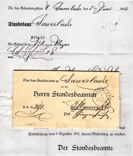 Bayern 1882, K1 SAUERLACH auf Standesamt Vordruck Brief n. Pflaumfeld 