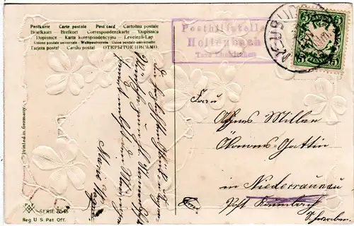 Bayern 1910, Posthilfstelle HOLLENBACH Taxe Ehekirchen auf Karte m. 5 Pf.