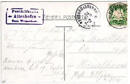 Bayern 1907, Posthilfstelle ATTENHOFEN Taxe Weissenhorn auf Karte m. 5 Pf.