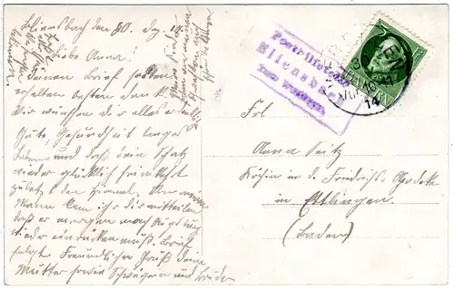 Bayern 1914, Posthilfstelle BLIENSBACH Taxe Wertingen auf Karte m. 5 Pf.