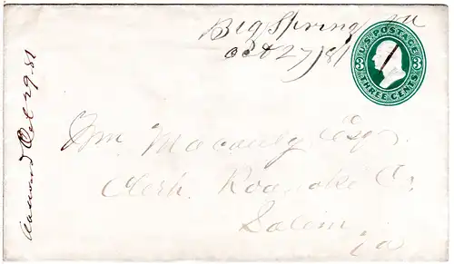 USA 1881, 3 C. Ganzsache Brief m. hds. Entwertung Big Spring Va. Oct.27/81